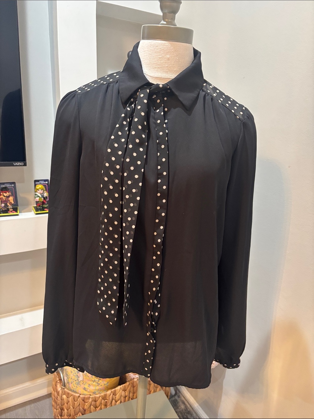 one clothing Black Polka Dot Neck-Tie Blouse